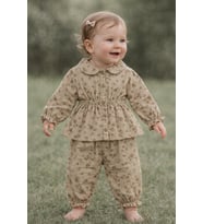 Çiçek Desenli Müslin Kız Bebek Üst ve Pantolon İkili Set Takım Babyhola 2013 (Kahverengi)