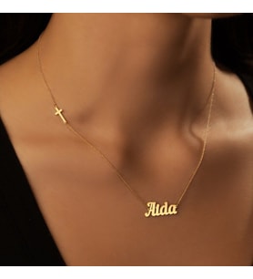 Kişiye Özel 925 Ayar Gümüş Yan Haç Detaylı İsim Kolye (Gold)