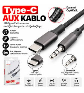 HADRON GJ021 Type-C 3.5 mm Aux Ses Kablosu 1 m Siyah