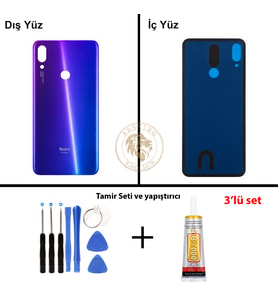 Xiaomi Redmi Note 7 Mor Arka Pil Kapağı Batarya Kapağı Lazer Kesim + Yapıştırıcı ve Vida Seti