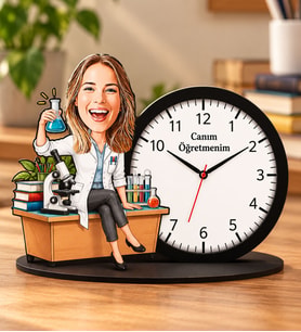 Kişiye Özel Karikatürlü Öğretmen Ahşap Biblo Masa Saati
