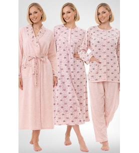 Mecit 6319 Pudra Büyük Beden Kadın Sabahlık Pijama Gecelik Set