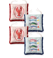 Balık Desenli Pötikareli Çizgili Saçaklı Sandalye Minderi 4'lü Set