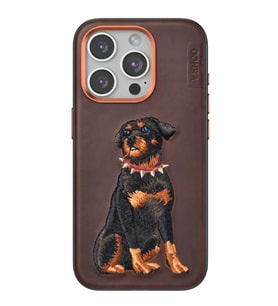 Northcity iPhone 15 Pro ile Uyumlu Perma Desenli Kapak - Koyu Kahve Deri Görünümlü Köpek Figürlü Telefon Kılıfı