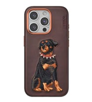 Northcity iPhone 15 Pro ile Uyumlu Perma Desenli Kapak - Koyu Kahve Deri Görünümlü Köpek Figürlü Telefon Kılıfı