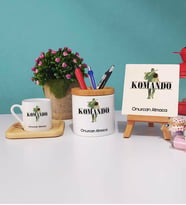 Komando Tasarımlı Kişiye Özel Hediye Komando Ahşap Altlıklı Türk Kahvesi Fincanı Kalemlik Dekoratif Taş Baskı Hediye Seti