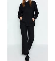 Moda Yüksek Bel Bisiklet Yaka Sportswear Kapüşonlu Kaşkorse Sweatshirt-Pantolon Örme Alt-Üst Takım