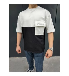 Unisex Torba Cep Detaylı Parçalı T-Shirt - Siyah