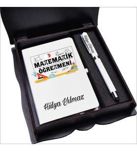 Matematik Öğretmeni Ahşap Kutuda Defter Kalem Seti