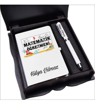Matematik Öğretmeni Ahşap Kutuda Defter Kalem Seti