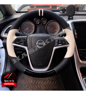 Opel Meriva B Dikme Direksiyon Kılıfı Delikli Deri Parlak Siyah Bej Detay Çift Yüzük ve Dikiş 2010-2017