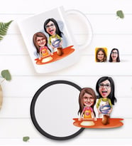 BK Gift Kişiye Özel Anne Kız Karikatürlü Beyaz Kupa ve Ahşap Bardak Altlığı Hediye Seti-2