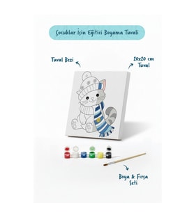 Bere ve Atkılı Sevimli Kedi Temalı Çocuk Boyama Tuvali – Şövalesiz Eğitici Boyama Seti 20x20 cm