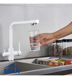 Eska Beyaz Krom Detay 3 Yollu Arıtma Girişli Mutfak Eviye Bataryası Beyaz