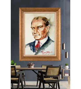 Altın Varaklı Çerçeveli Paspartulu Atatürk Tablo nh74 (Gold)