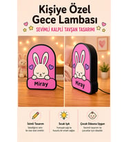 Kişiye Özel İsimli Kalpli Sevimli Tavşan Gece Lambası Sıcak Işıklı Çocuk ve Bebek Odası Dekoru