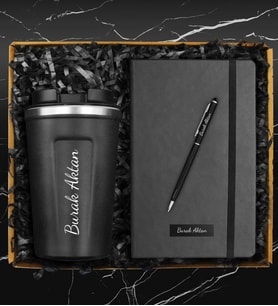 Kişiye Özel Bardak Model Termos & Kişiye Özel Metal Kalem & Kişiye Özel Defter Hediye Seti