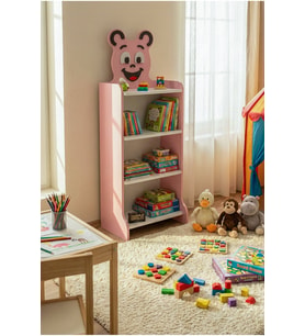 Çocuk Kitaplık Happy Face 4 Raflı – Sevimli Figürlü Düzenleyici Raf Sistemi 8025 Pembe