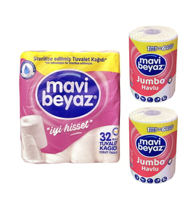 Mavi Beyaz 32 li Tuvalet Kagıdı 2 Katlı ve 2 Dev Rulo Jumbo Havlu
