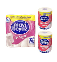Mavi Beyaz 32 li Tuvalet Kagıdı 2 Katlı ve 2 Dev Rulo Jumbo Havlu