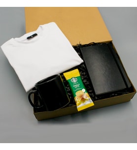 Beyaz Tişört & Siyah Defter & Siyah Kupa & Vanilla Latte Kahve Hediye Seti