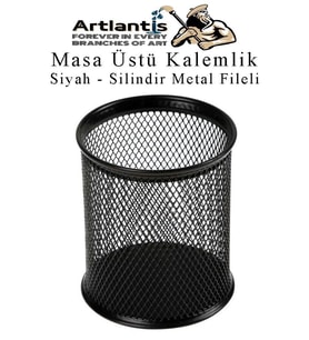 Siyah Silindir Masa Üstü Kalemlik 1 Adet Metal Fileli Renkli Perforeli Yuvarlak Kalemlik Ofis Büro Okul