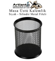 Siyah Silindir Masa Üstü Kalemlik 1 Adet Metal Fileli Renkli Perforeli Yuvarlak Kalemlik Ofis Büro Okul