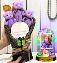 Kişiye Özel Renkli Led Işıklı Biblolu Fanus ve Aynalı Mor Peluş Ayıcık Buketi (Model 10)