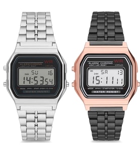 Özel Kutulu Retro Gümüş ve Siyah - Rose Gold Renk 2 Adet Casio Model Unisex Kol Saati Çiftlere Sevgili ve Yakın Arkadaşa Özel Hediye Takvim Alarm Aydınlatma ve Kronometre Özellikleri Mevcuttur