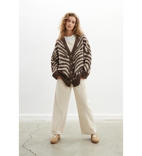 Peraluna ZEBRA CARDIGAN V Yaka Zebra Desen Organik Pamuk-Yün Karışım Geniş Kesim Kadın Triko Hırka - Kahve
