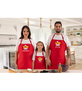 Kişiye Özel Anne Baba Çocuk Kombini Hediye 3'lü Mutfak Önlüğü World Chef Kırmızı