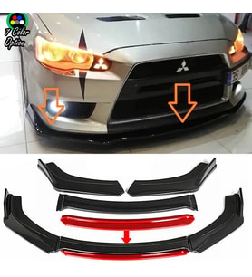 Mitsubishi Lancer Evo Kırmızı Renkli Şeritli Dilli Ön Lip 4 Prç Parlak Siyah ABS