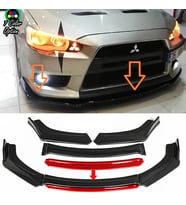 Mitsubishi Lancer Evo Kırmızı Renkli Şeritli Dilli Ön Lip 4 Prç Parlak Siyah ABS