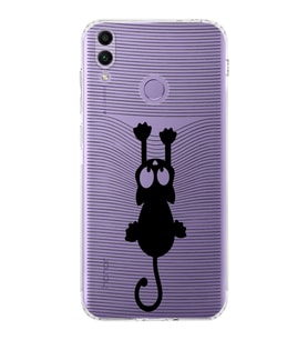 Huawei Honor 8c  Kamera korumalı Kapak Çizgi Kedi (Siyah) Tasarımlı Şeffaf Kılıf