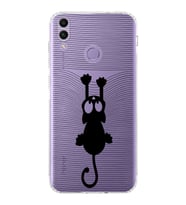 Huawei Honor 8c  Kamera korumalı Kapak Çizgi Kedi (Siyah) Tasarımlı Şeffaf Kılıf