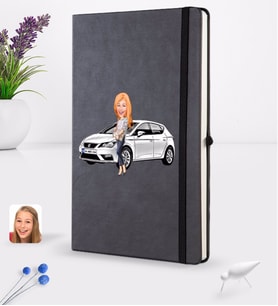 BK Gift Kişiye Özel Plakalı Kadın Seat Leon Karikatürlü Siyah Termo Deri Defter 16x24cm Model 1