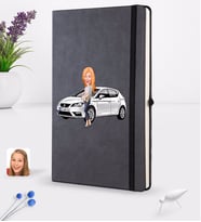 BK Gift Kişiye Özel Plakalı Kadın Seat Leon Karikatürlü Siyah Termo Deri Defter 16x24cm Model 1