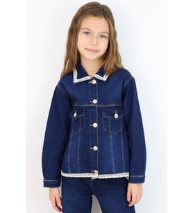 Breeze Kız Çocuk Jean Ceket Yaka & Alt Kısmı Güpür Cep Kapak Detaylı 3-7 Yaş, Koyu Mavi