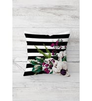 Çiçek Desenli Çift Tarafı Baskılı Gizli Fermuarlı Yastık Kılıfı Kırlent Koltuk Yastık Kılıfı (Siyah)