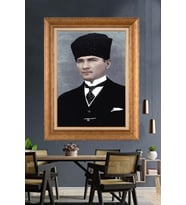 Altın Varaklı Çerçeveli Paspartulu Atatürk Tablo nh81 (Gold)