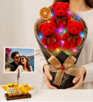 Kişiye Özel Fotoğraflı Renkli LED Işıklı Peluş Ayıcık Buketi (Kırmızı) ve Baykuş Fotoğraf Tutucu