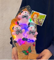 Renkli Led Işıklı Fotoğraflı Özel Pembe Ayıcıklı Büyük Boy Peluş Ayıcık Buketi (Model 4)