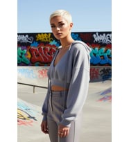 Kadın Relaxed Kapüşonlu Düşük Kol Crop Kalın İçi Polarlı V Yaka Rahat Kesim Crop Örme Sweatshirt (Si