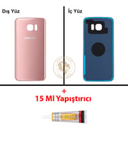 Samsung Galaxy S7 Edge Rose Gold Renk Arka Kapak + B7000 Yapıştırıcı Arka Cam Batarya Kapağı Pil Kapağı Lazer Kesim Back Cover Galaxy S7 Edge Uyumlu