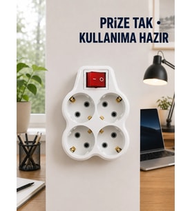 Anahtarlı 4’lü Priz Adaptörü Direkt Prize Takılan Kompakt Priz Çoklayıcı