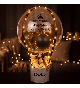 Kişiye Özel Led Işıklı, Mermer Desen Kutulu ve Peluş Ayıcıklı Balon Aranjmanı - Yeni Doğan Bebek Hediyesi