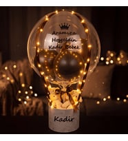 Kişiye Özel Led Işıklı, Mermer Desen Kutulu ve Peluş Ayıcıklı Balon Aranjmanı - Yeni Doğan Bebek Hediyesi