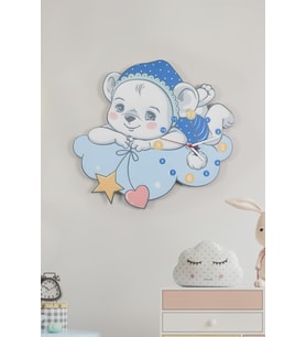 Sevimli Ayı ve Bulut Çocuk Odası Ahşap Duvar Saati (Mavi)