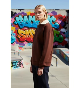 Kadın Dik Yaka Düşük Kol Fermuarlı Geniş Kalıp Sweatshirt Fonksiyonel Dayanıklı Kaliteli Şık