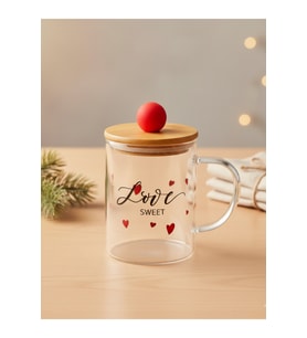 Bambu Kapaklı Kırmızı Kalpli Cam Kupa
